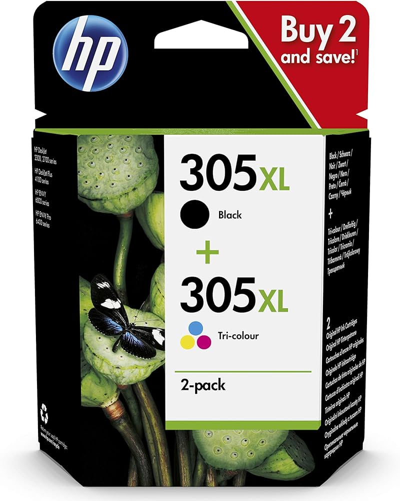 Pack de 2 Cartouches jet d'encre de Marque HP 6ZAE94AE (1 Noire + 1 couleur) (HP305XL) Haute Capacité (4ml 240 pages / 5ml 200 pages )