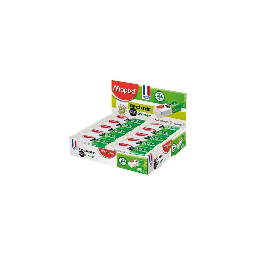 Maped Gomme plastique Technic 600 Green, présentoir de 20 x20