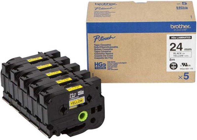 Ruban cassette d'origine Brother HGE651V5 - multipack 5 couleurs : noir, jaune