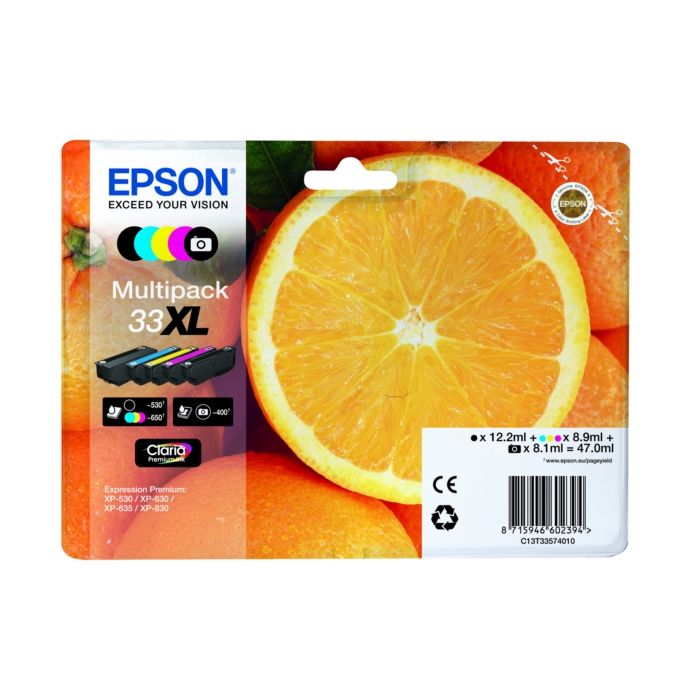 Lot de 5 Cartouches d'encre de Marque Epson T3357BKCMY (33XL) (T3351 + T3361 + T3362 + T3363 + T3364) 1 Black + 1 Cyan + 1 Magenta + 1 Jaune + 1 Photo Black Serie Orange Haute (2950pages)