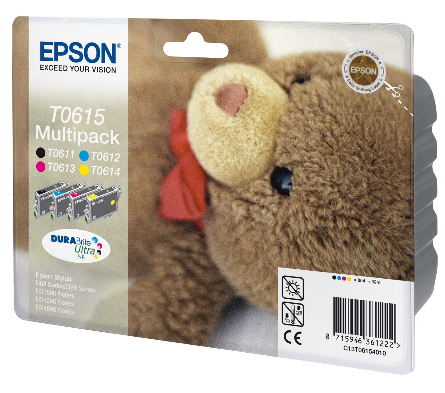 Pack de 4 Cartouches Jet d'encre de Marque Epson T0615BKCMY 1Black+1Cyan+1Jaune+1Magenta (1000pages)