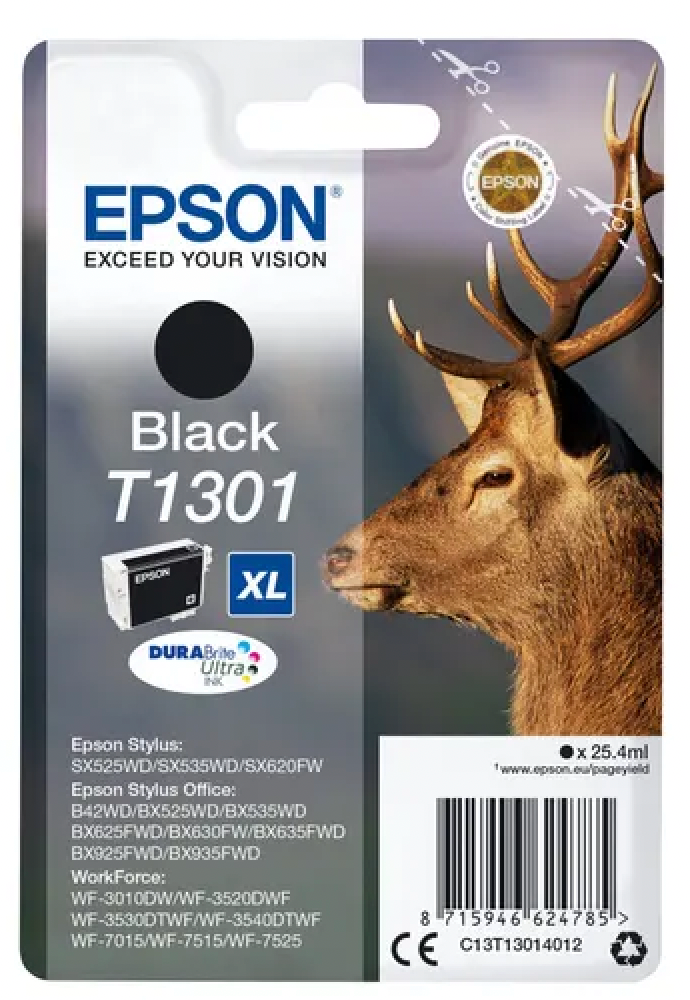 Cartouche Jet d'encre de Marque Epson T1301 Black DURABRITE Ultra Taille XL (25,4ml/945pages) (Serie Cerf)