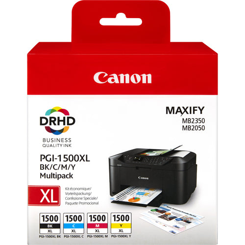 MultiPack Cartouche Jet d'encre Compatible Canon PGI-1500XLBKCMY (9182B004) Noir + Cyan + Magenta + Jaune taille XL (34.7ml-1 200 pages + 3 x 12ml -3 x 1 020 pages)
