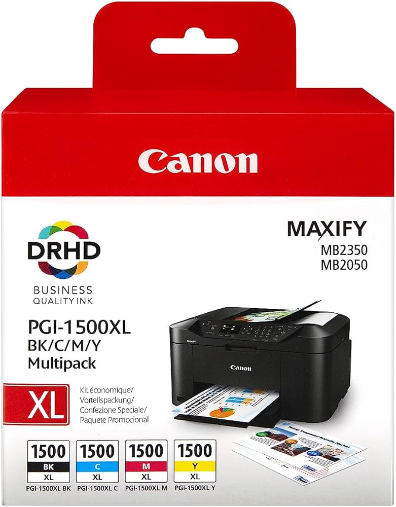 MultiPack Jet d'encre de Marque Canon PGI-1500XLBKCMY (9182B004) Noir + Cyan + Magenta + Jaune (34.7ml - 1 200 pages + 3 x 12ml - 3 x 1 020 pages) (Réservoir XL d'encre DRHD)