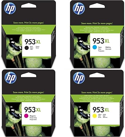 LOT de 4 Cartouches Jet d'encre HP N°953XL Couleurs (1 Noir +1 Cyan +1 Cyan +1 Jaune) Haute Capacité (2 000 pages + 3 x 1 600 pages)