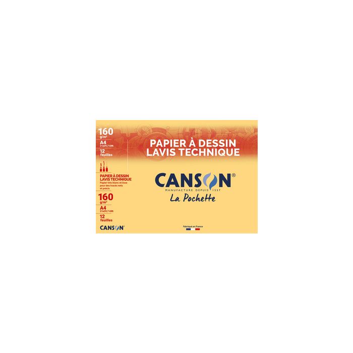 CANSON Papier à dessin Lavis technique, A4, 160 g/m2, blanc