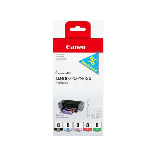Cartouches d'origines Canon 0620B027 / CLI-8 - multipack 5 couleurs : noire, cyan photo, magenta photo, rouge, verte