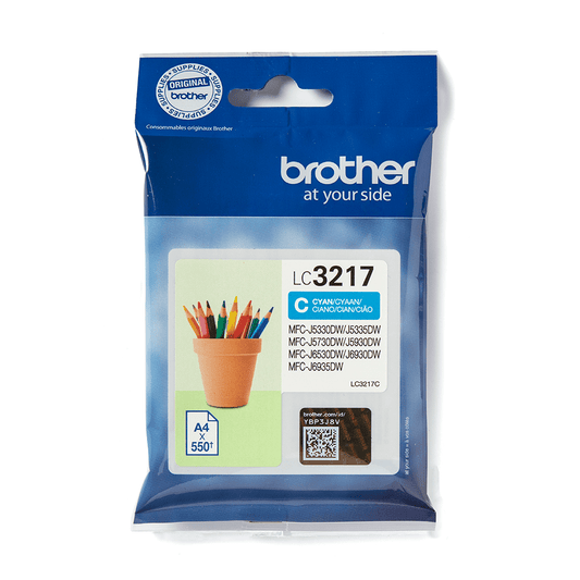 Cartouche d'encre de marque Brother LC3217C Cyan (550 pages) pour imprimante Brother MFC J5335DW