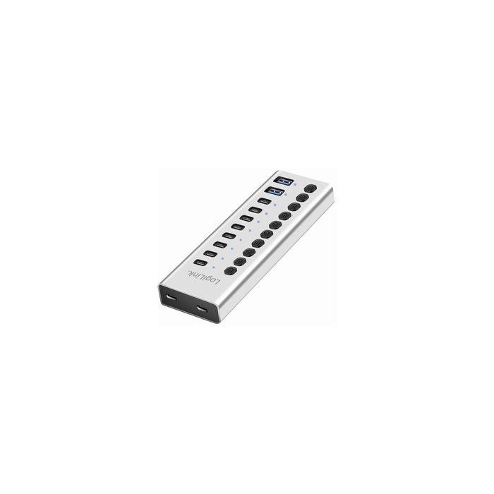 LogiLink Hub USB 3.2, 10 ports, interrupteurs on/off, argent