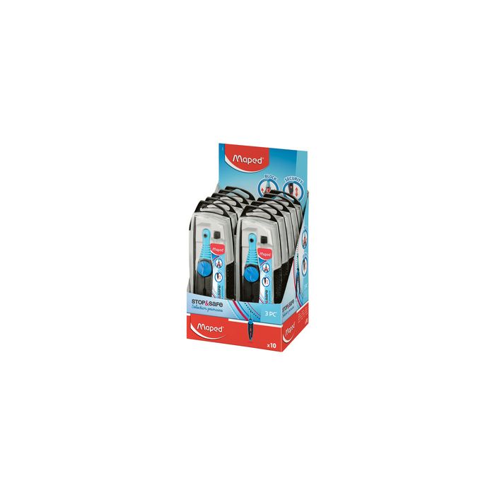 Maped Boîte de compas Stop & Safe, bleu, présentoir de 10 x10