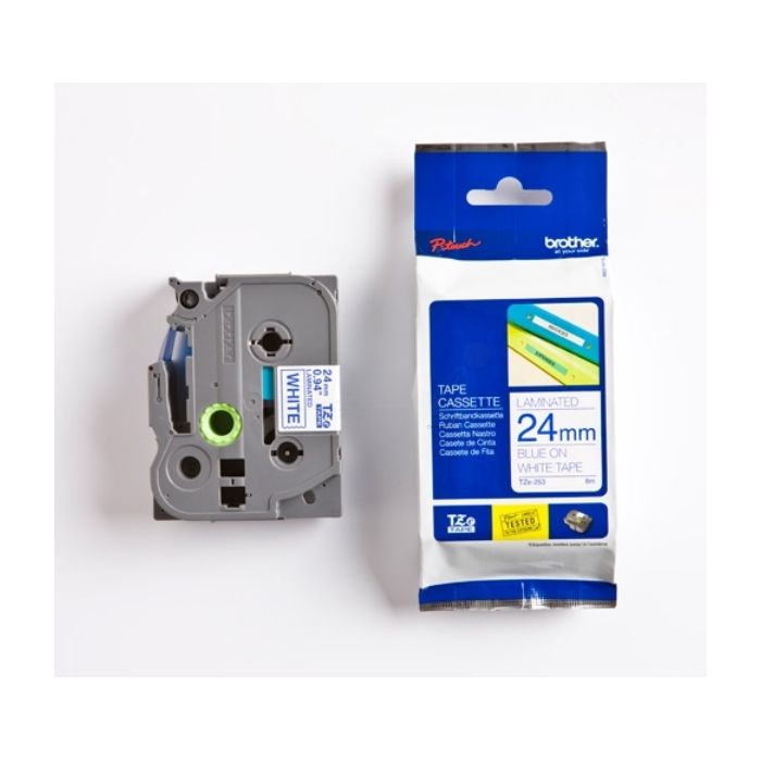 Ruban cassette d'origine Brother TZE253 - bleu, blanc