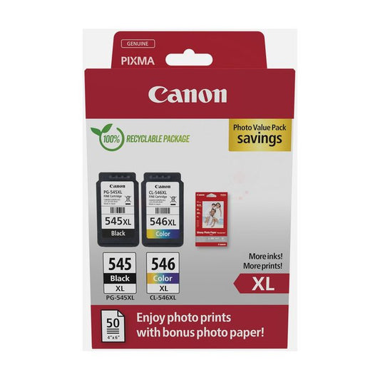 MultiPack de 2 Cartouches Jet d'encre de Marque Canon PG-545 / CL-546 (8287B005) Noir, Couleurs (Cyan, Magenta, Jaune) 500 pages