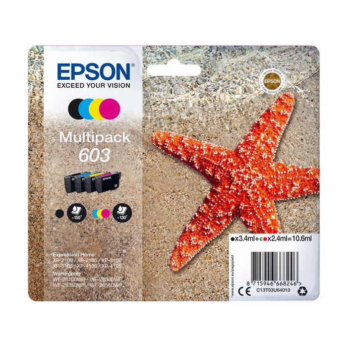 Cartouches d'origines Epson C13T03U64010 / 603 - multipack 4 couleurs : noire, cyan, magenta, jaune