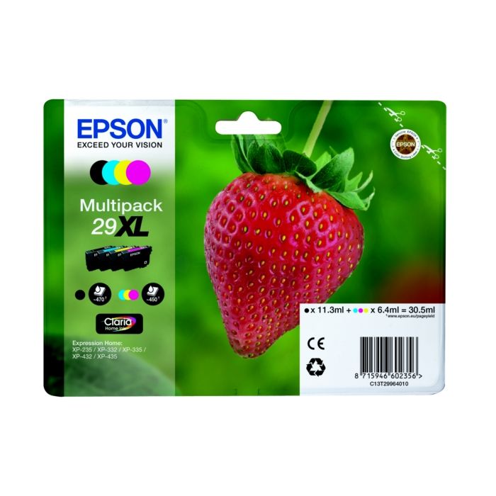 Lot de 4 Cartouches Jet d'encre de Marque Epson T2996BKCMY Serie Fraise (29XL) (T2991 + T2992 + T2993 + T2994) 1 Black + 1 Cyan + 1 Magenta + 1 Jaune)  (1820pages)