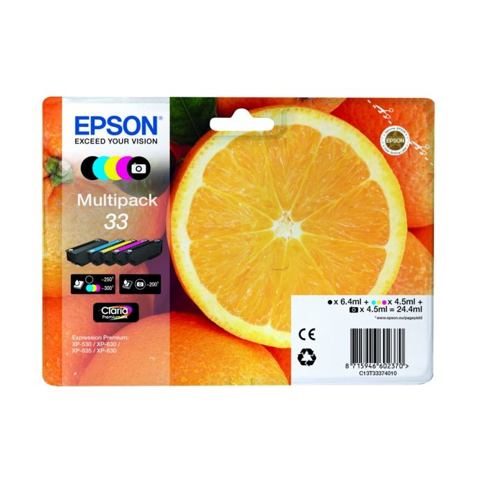 Cartouches d'origines Epson C13T33374010 / 33 - multipack 5 couleurs : noire, cyan, magenta, jaune