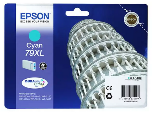 Cartouche d'encre de Marque Epson T7902 Cyan XL Durabrite Ultra (17.1ml/2000pages) (Serie Tour de Pise)