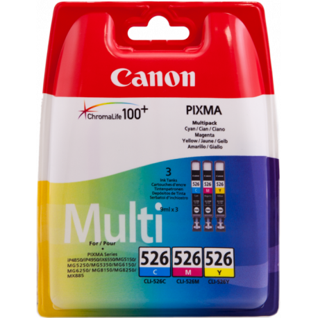 MultiPack de 3 Cartouches de Marque Canon CLI-526CMY (4541B009) (Jaune, Cyan, Magenta)