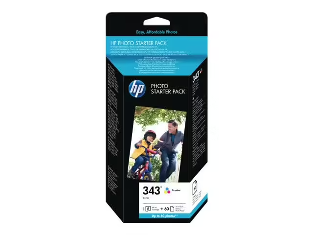 Pack Starter Photo Cartouche Jet d'encre de Marque HP (Q7948AE) Couleur (7ml) (HP343 / N°343) (Cyan, Magenta, Yellow) + Papier Photo (60 feuilles  100x150 mm)