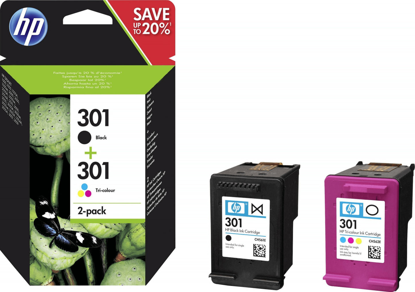 Value Pack Cartouche Jet d'encre de Marque HP N9J72AE 1BK et 1COL HP301 Noir (480 pages) et HP301 Couleur (Cyan, Magenta, Yellow)